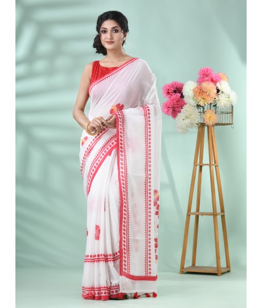 Traditional Soft Handloom Cotton Saree Hibicus Joba Floral Design With Blouse Piece (Red White)
