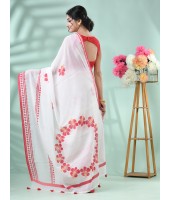Traditional Soft Handloom Cotton Saree Hibicus Joba Floral Design With Blouse Piece (Red White)
