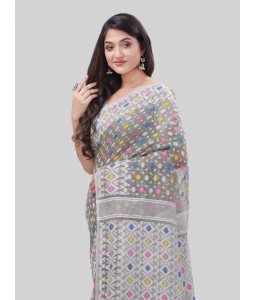 DESH BIDESH Women`s Hirokduti Resham Dhakai jamdani Bengal Pure Cotton Handloom Saree without Blouse Piece(White Black)