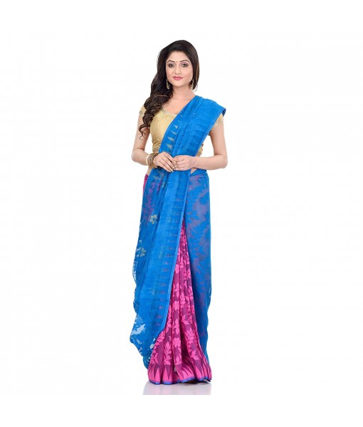 Handloom Tant Soft Dhakai Jamdani Cotton Saree Whole Body Design (Blue Pink)