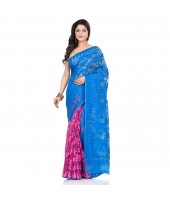 Handloom Tant Soft Dhakai Jamdani Cotton Saree Whole Body Design (Blue Pink)