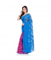 Handloom Tant Soft Dhakai Jamdani Cotton Saree Whole Body Design (Blue Pink)