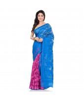 Handloom Tant Soft Dhakai Jamdani Cotton Saree Whole Body Design (Blue Pink)
