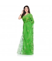 Bengal Handloom Tant Soft Dhakai Jamdani Cotton Saree Whole Body Design (Green White)
