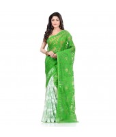 Bengal Handloom Tant Soft Dhakai Jamdani Cotton Saree Whole Body Design (Green White)