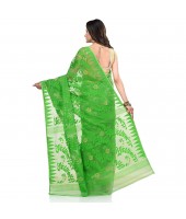 Bengal Handloom Tant Soft Dhakai Jamdani Cotton Saree Whole Body Design (Green White)