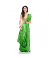 Bengal Handloom Tant Soft Dhakai Jamdani Cotton Saree Whole Body Design (Green White)