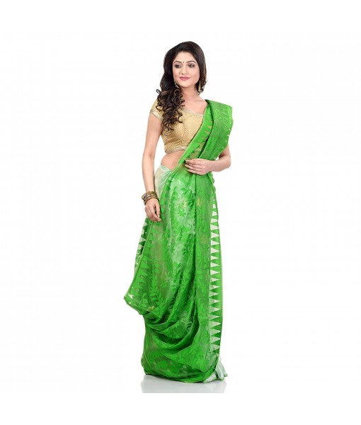 Bengal Handloom Tant Soft Dhakai Jamdani Cotton Saree Whole Body Design (Green White)