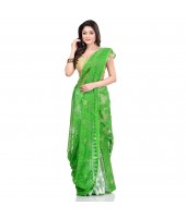 Bengal Handloom Tant Soft Dhakai Jamdani Cotton Saree Whole Body Design (Green White)