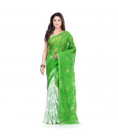 Bengal Handloom Tant Soft Dhakai Jamdani Cotton Saree Whole Body Design (Green White)