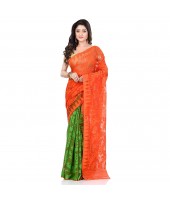 Handloom Tant Soft Dhakai Jamdani Cotton Saree Whole Body Design (Orange Green)