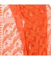 Handloom Tant Soft Dhakai Jamdani Cotton Saree Whole Body Design (Orange Green)