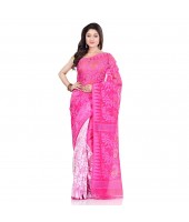 Bengal Handloom Tant Soft Dhakai Jamdani Cotton Saree Whole Body Design (Pink White)