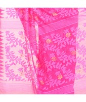 Bengal Handloom Tant Soft Dhakai Jamdani Cotton Saree Whole Body Design (Pink White)