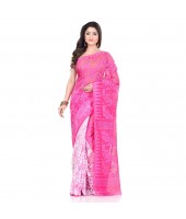 Bengal Handloom Tant Soft Dhakai Jamdani Cotton Saree Whole Body Design (Pink White)