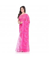 Bengal Handloom Tant Soft Dhakai Jamdani Cotton Saree Whole Body Design (Pink White)