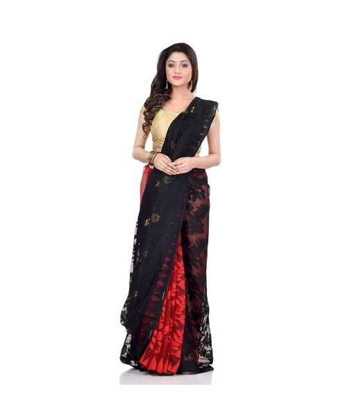Handloom Tant Soft Dhakai Jamdani Cotton Saree Whole Body Design (Red Black)