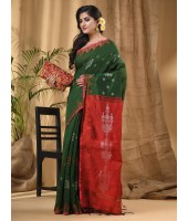 Cotton Silk Handloom Cotton Blend Saree Jharbati Work With Blouse Piece (Green Red)