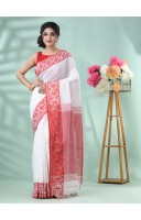 Traditional Soft Handloom Cotton Saree Jolphoring Design With Blouse Piece (Red White)