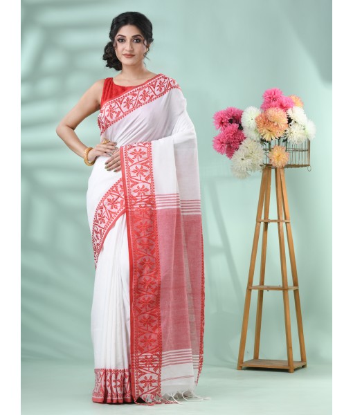 Traditional Soft Handloom Cotton Saree Jolphoring Design With Blouse Piece (Red White)