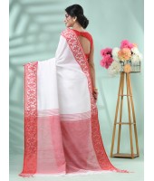 Traditional Soft Handloom Cotton Saree Jolphoring Design With Blouse Piece (Red White)