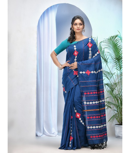 Bengali Khesh Pure Cotton Handloom Saree Diamond Designed With Blouse Piece(Prussian Blue)