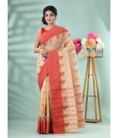Pure Handloom Cotton Saree Leaf Buti Red Par Woven Design Without Blouse Piece (Red Off White)