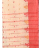 Pure Handloom Cotton Saree Leaf Buti Red Par Woven Design Without Blouse Piece (Red Off White)