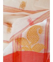 Pure Handloom Cotton Saree Leaf Buti Red Par Woven Design Without Blouse Piece (Red White)