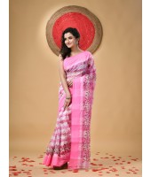  Madhabilata Print Design Pure Handloom Cotton Saree Without Blouse Piece (Pink)