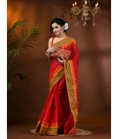  Handloom Cotton Saree Mina Pyramid Woven Designer Without Blouse Piece (Red)