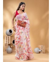 Muslin Resham Dhakai Jamdani Pure Cotton Handloom Saree (Red) - Durga Puja Collection