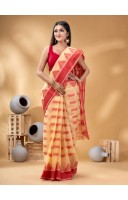 Nabadurga Woven Design Cotton Saree (Off-White-Red) - Durga Puja Collection | Desh Bidesh