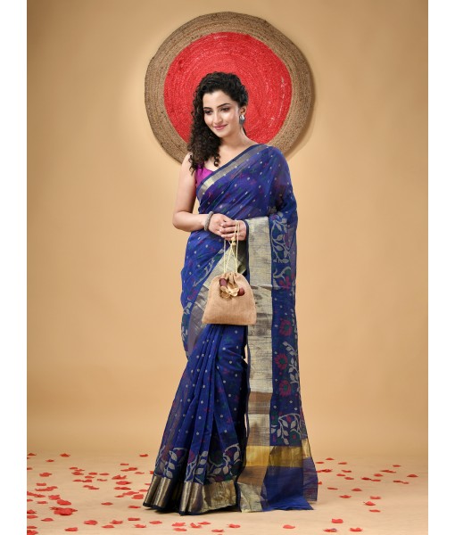  Cotton Silk Handloom Cotton Blend Saree Pushpomala Work With Blouse Piece (Blue)