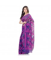 Bengal Handloom Tant Soft Dhakai Jamdani Cotton Saree Whole Body Design (Purple Deep Blue)