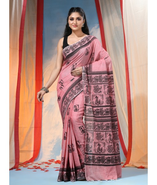 Women's Pure Cotton Saree Sahaj Path Design Handloom Saree without Blouse Piece Deep Pink