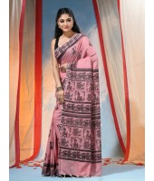 Women's Pure Cotton Saree Sahaj Path Design Handloom Saree without Blouse Piece Deep Pink