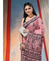 Women's Pure Cotton Saree Sahaj Path Design Handloom Saree without Blouse Piece Deep Pink