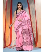 Women's Pure Cotton Saree Sahaj Path Design Handloom Saree without Blouse Piece Pink
