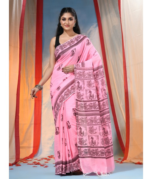 Women's Pure Cotton Saree Sahaj Path Design Handloom Saree without Blouse Piece Pink