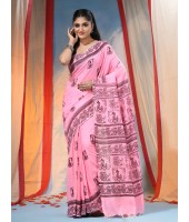 Women's Pure Cotton Saree Sahaj Path Design Handloom Saree without Blouse Piece Pink