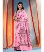 Women's Pure Cotton Saree Sahaj Path Design Handloom Saree without Blouse Piece Pink