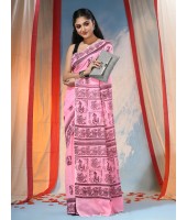 Women's Pure Cotton Saree Sahaj Path Design Handloom Saree without Blouse Piece Pink