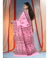 Women's Pure Cotton Saree Sahaj Path Design Handloom Saree without Blouse Piece Pink