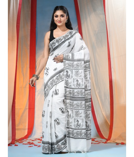 Women's Pure Cotton Saree Sahaj Path Design Handloom Saree without Blouse Piece White