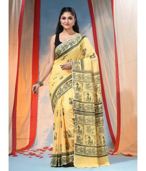  Women's Pure Cotton Saree Sahaj Path Design Handloom Saree without Blouse Piece Yellow