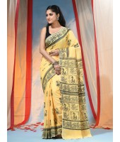  Women's Pure Cotton Saree Sahaj Path Design Handloom Saree without Blouse Piece Yellow