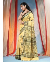  Women's Pure Cotton Saree Sahaj Path Design Handloom Saree without Blouse Piece Yellow