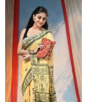  Women's Pure Cotton Saree Sahaj Path Design Handloom Saree without Blouse Piece Yellow