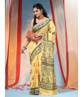 Women's Pure Cotton Saree Sahaj Path Design Handloom Saree without Blouse Piece Yellow